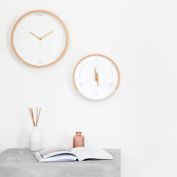 ecru and sandy barometer with dune clock on a wall in english