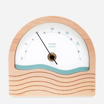 wooden thermometer with shaped waves and white and turquoise dial in celsius