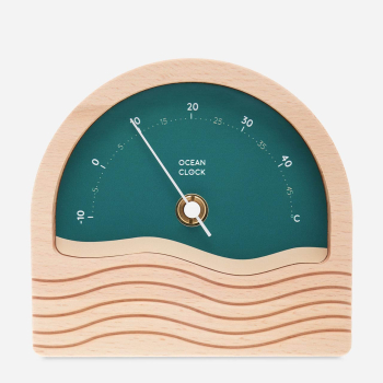 wooden thermometer with emerald green dial in celsius