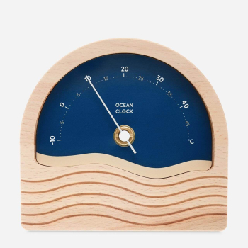 wooden thermometer with navy blue dial in celsius