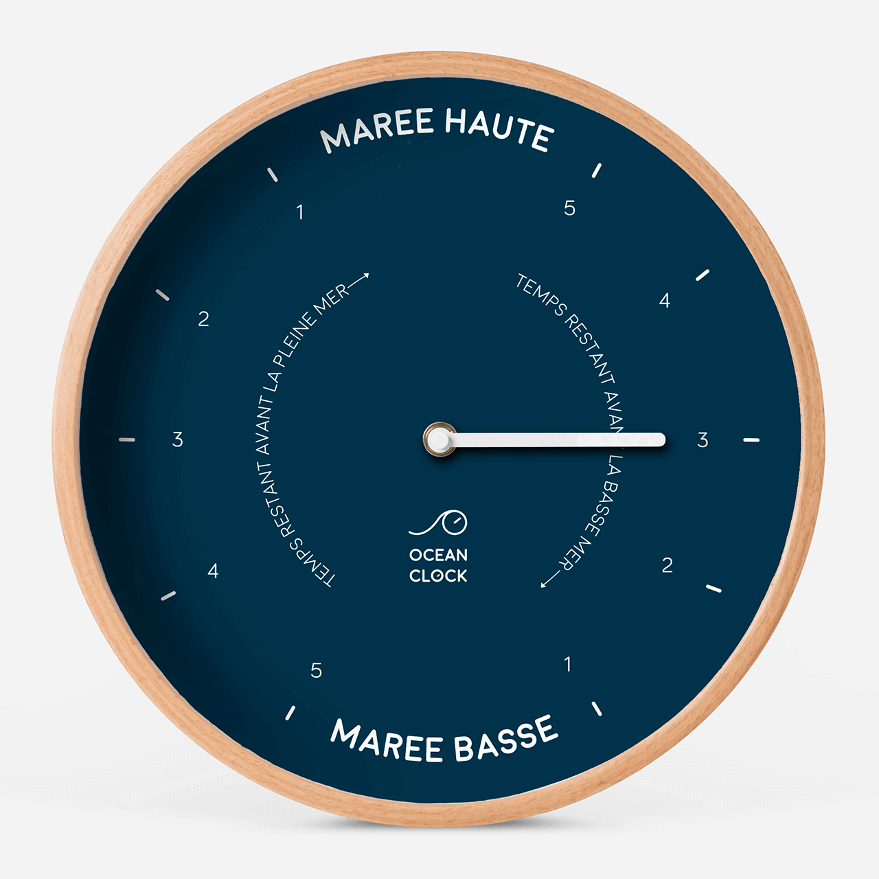 Horloge des marées bleu marine et bois en français