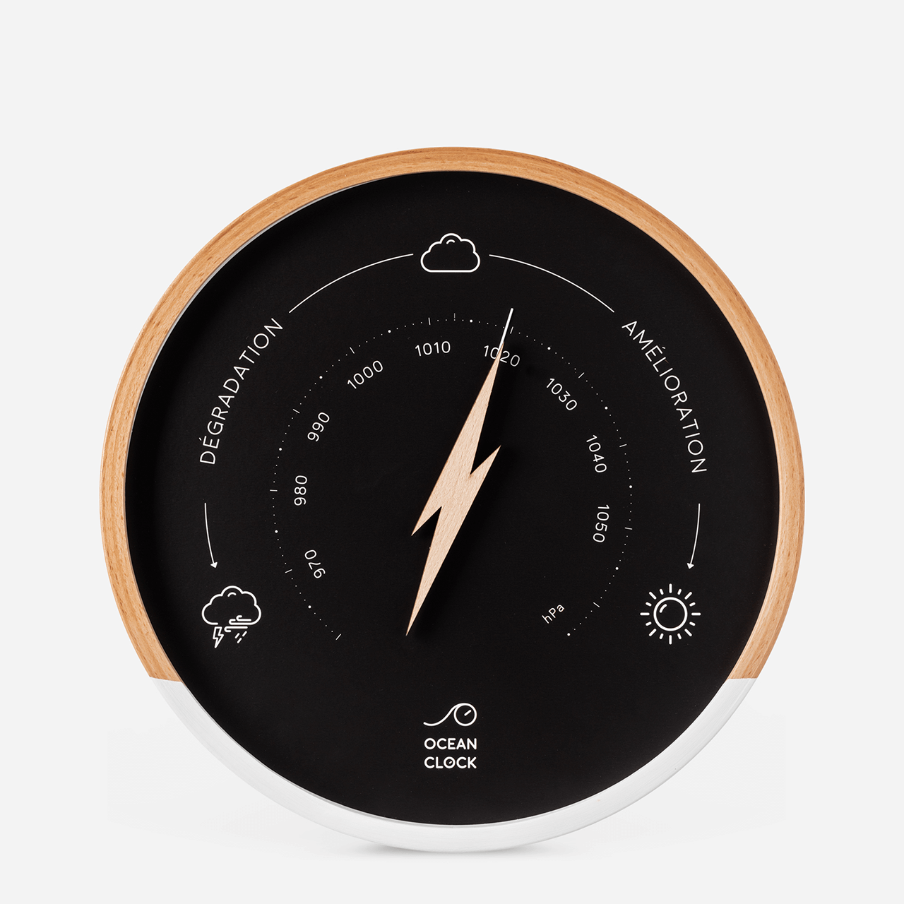 baromètre noir et son contour en bois et blanc en français